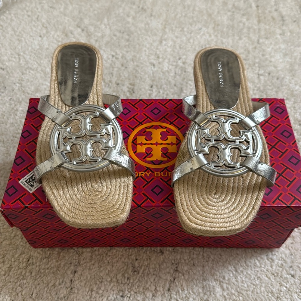 Tory Burch Bombe Miller Espadrille Metallic Silver Leather/Jute Size 6